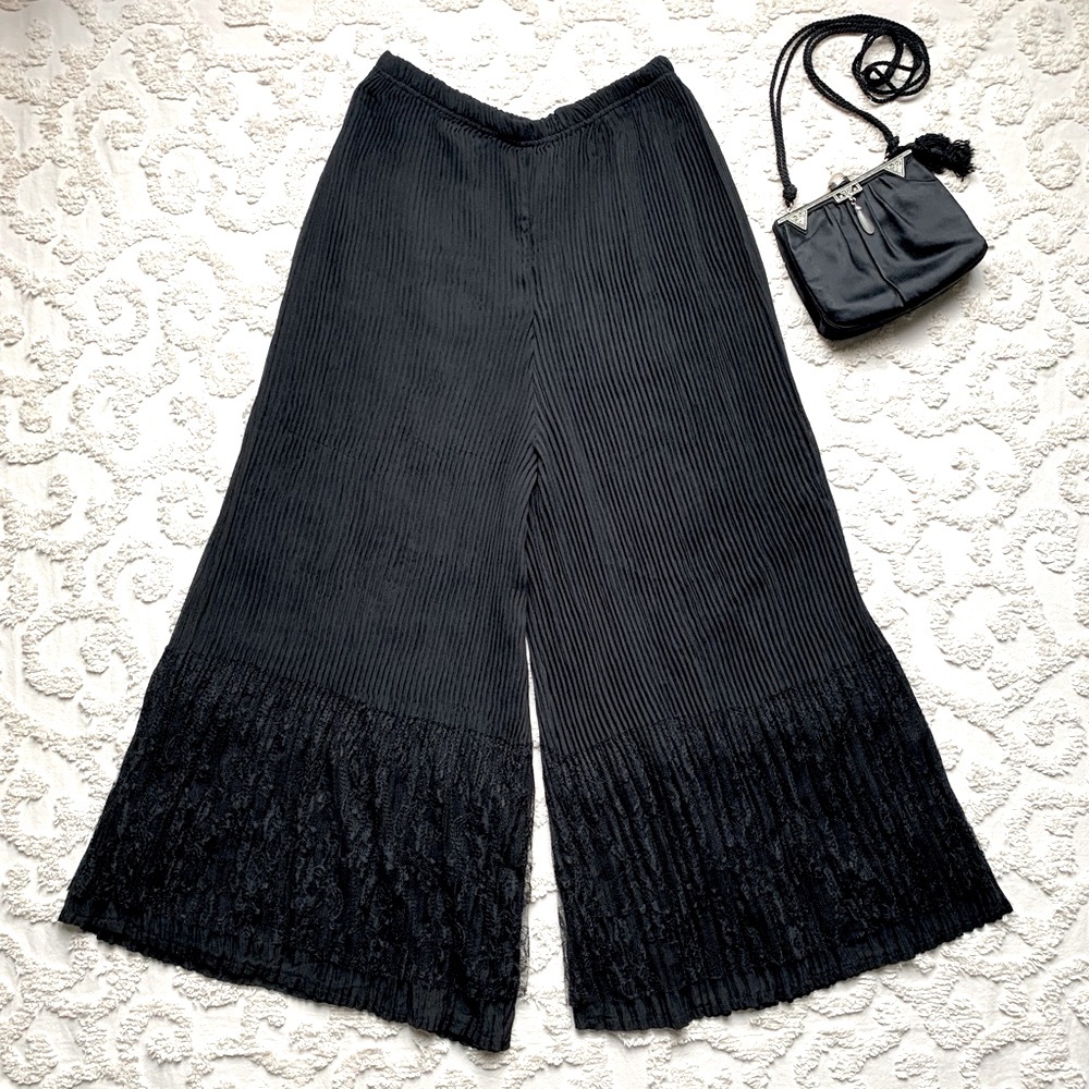 All Black Silk Pleated Lace Palazzo pants small
